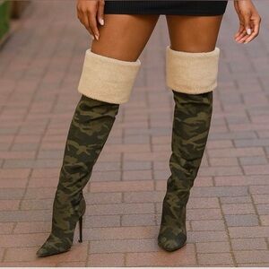 GOOD AMERICAN High Kickstand Camouflage Neoprene Knee High Boots size 12 NWOB
